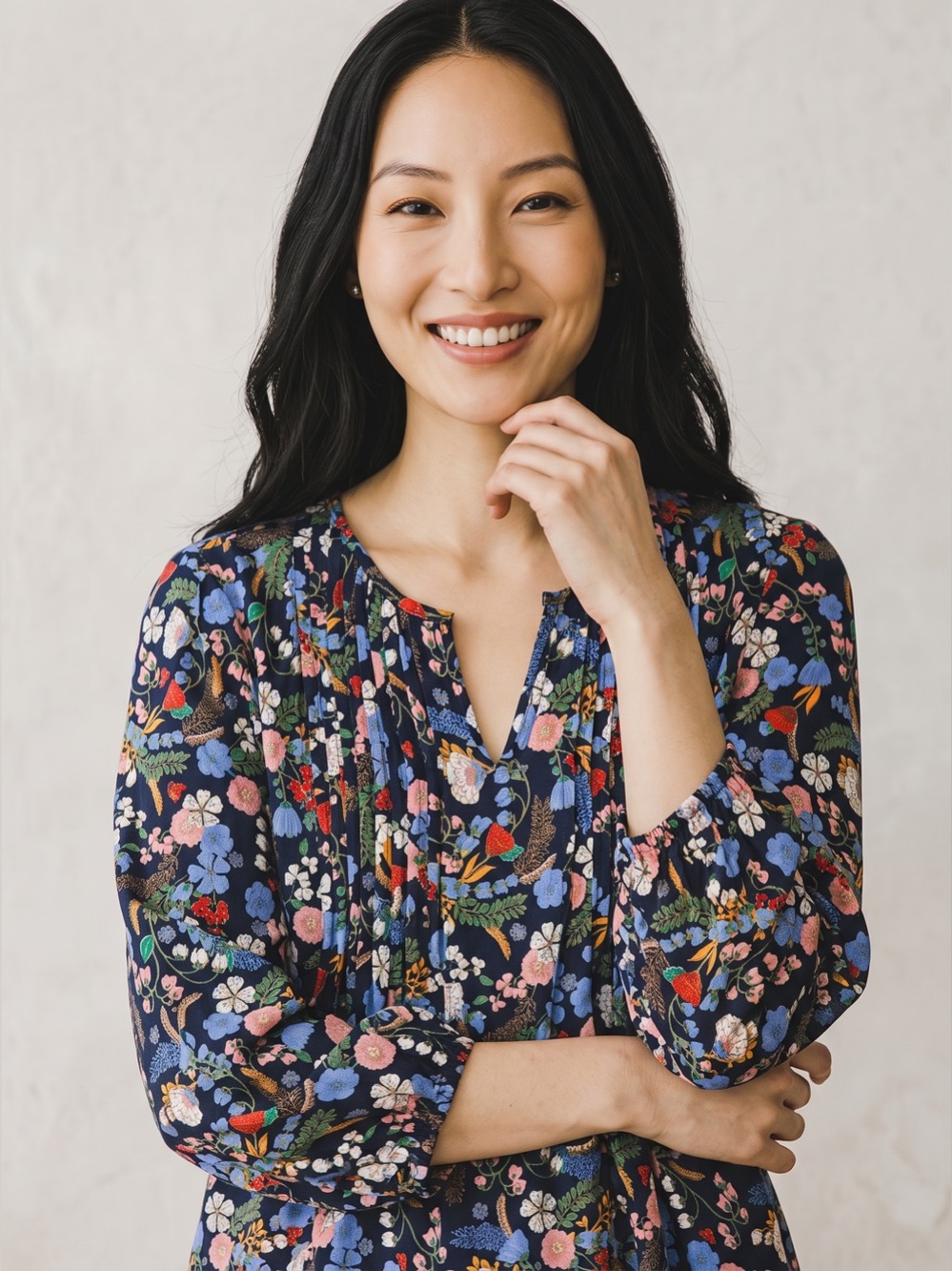 Tommy Hilfiger Floral Pintuck Blouse Navy Multicolor Long Sleeve botanical